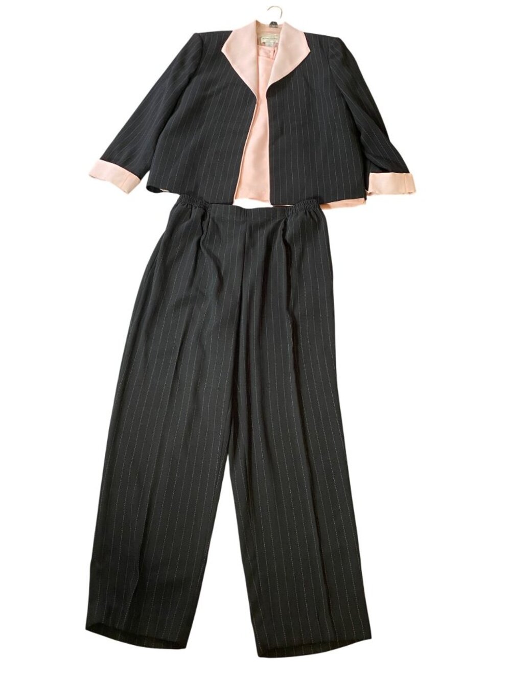 Drapers & Damons 3 pc Suit Blazer Top Pants Petite Black Pink Pinstripe Large